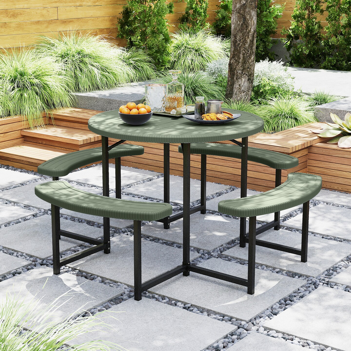 Patio Picnic Table Bench Set with 4 Seats and Umbrella Hole for Outdoor Dining
