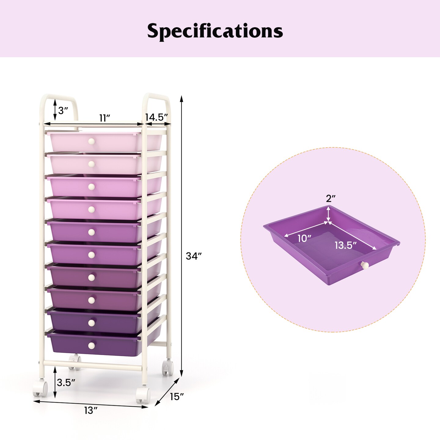 10-Drawer Rolling Storage Cart with Clear Drawers Steel Frame and Locking Wheels for Home or Office Use