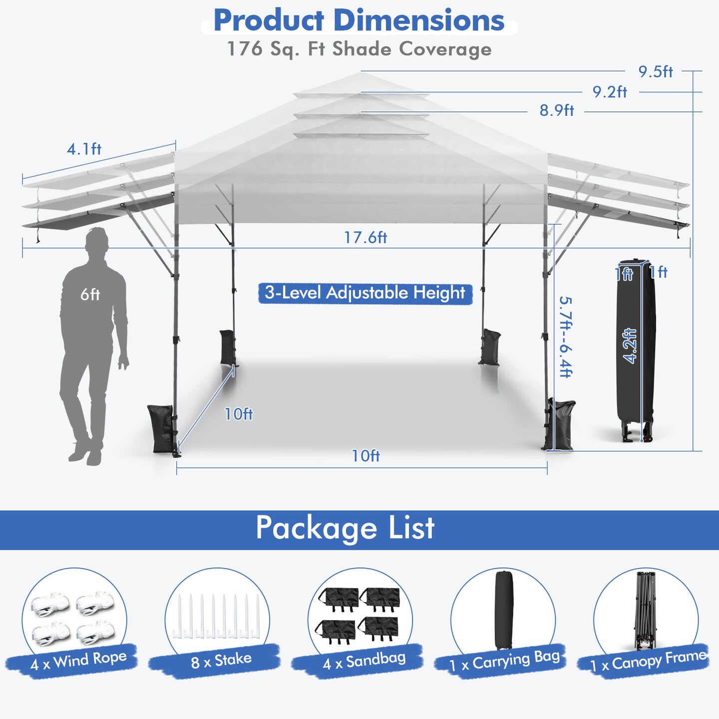 10 x 17.6 Waterproof 3 Heights Pop Up Canopy Tent with Silver Coating and Windproof Design, Dual Awnings