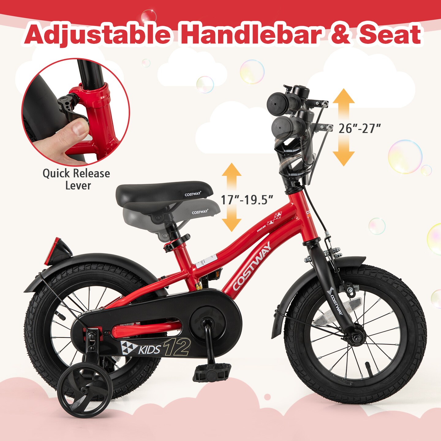 Red Children’s Bicycle with Removable Training Wheels and Dual Brake System, Adjustable Seat