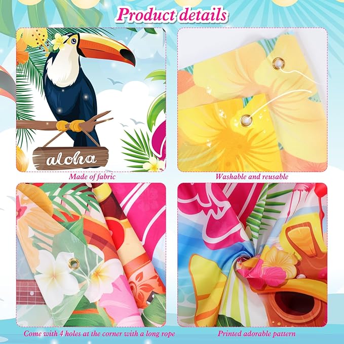 Hawaiian Birthday Backdrop Banner Decorations Aloha Luau Party, Large 72" x 43" Summer Happy Birthday Party Supplies for Hawaiian Tiki Beach Pool Party Flamingo Jungle Photography