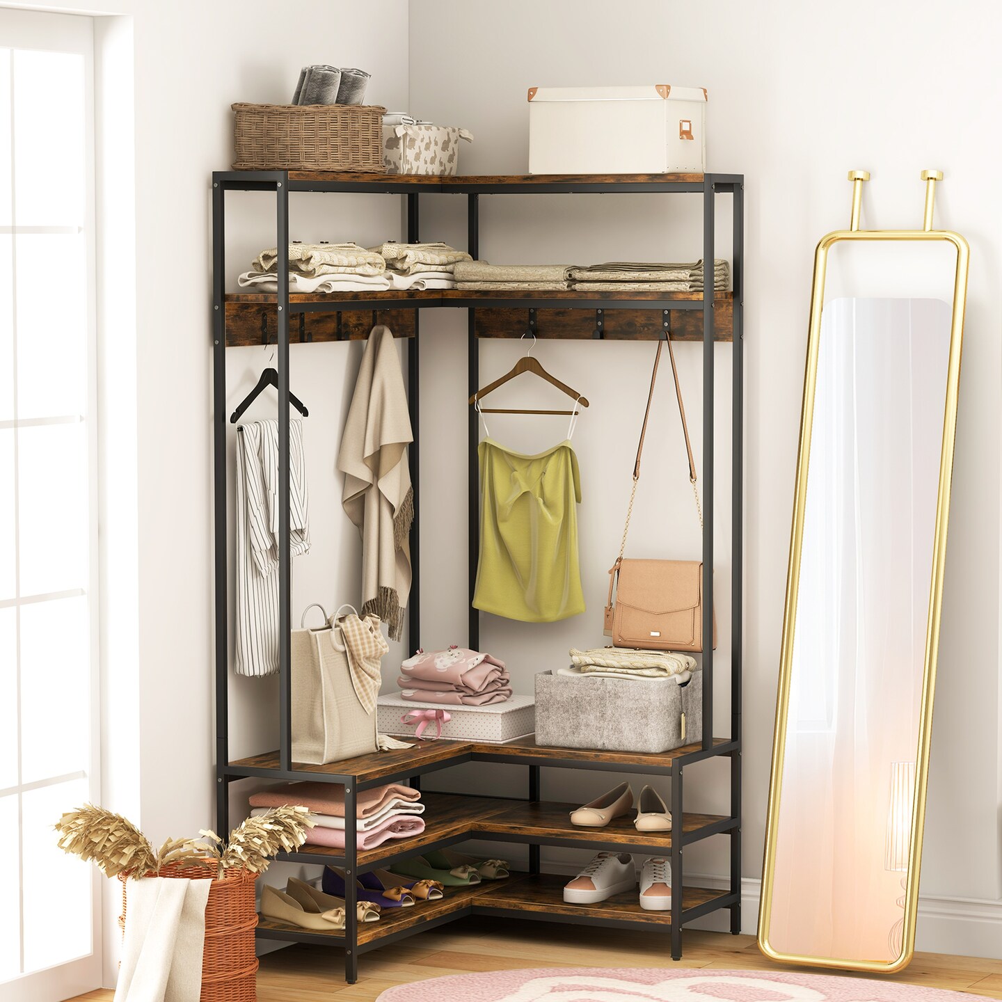 Multi-purpose Coat Rack with Open Shelves & Metal Hooks for Storage