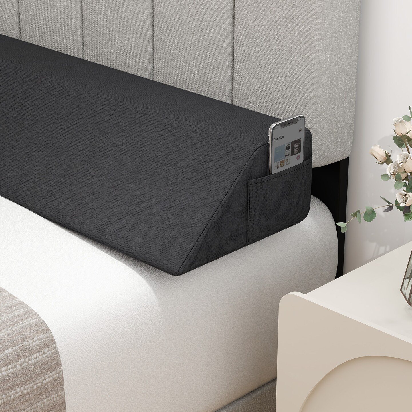 Grey Wedge Pillow Gap Filler with Foam Padding, Storage Pockets and Zippered Cover