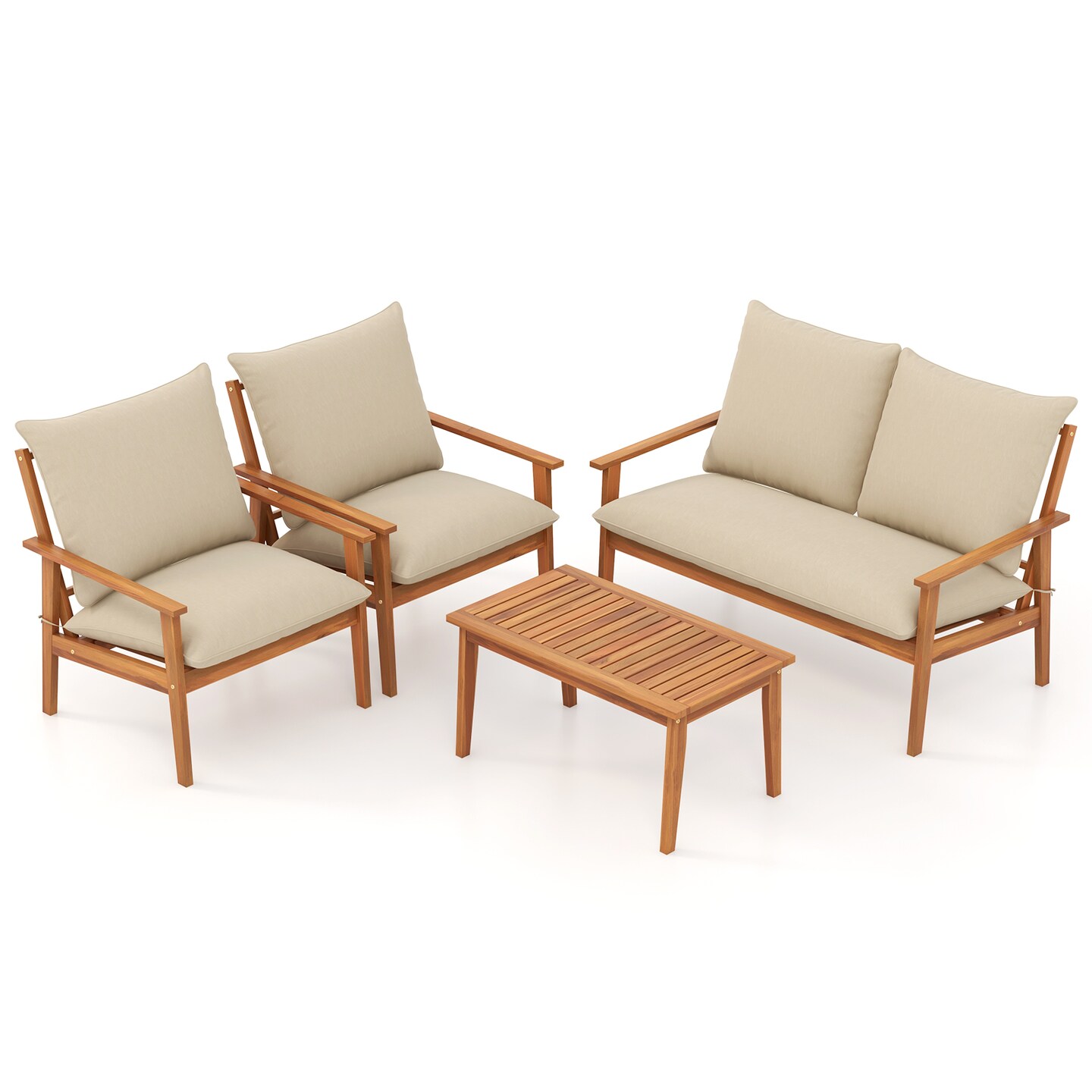 4 Pieces Wooden Outdoor Conversation Set with Soft Cushions and Rectangular Coffee Table
