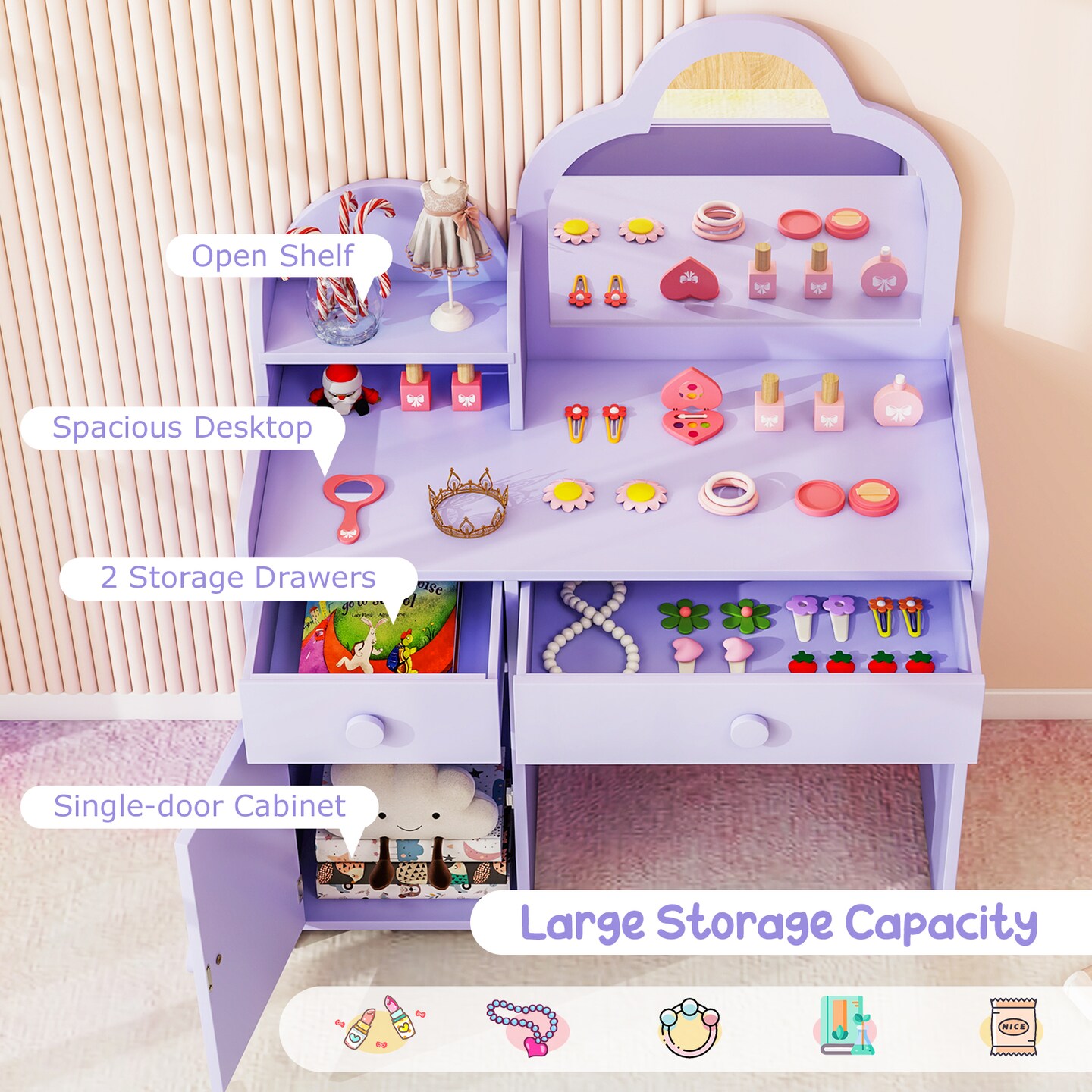 Kids Vanity Set, Cloud Shape Mirror, Storage and Pine Wood Stool