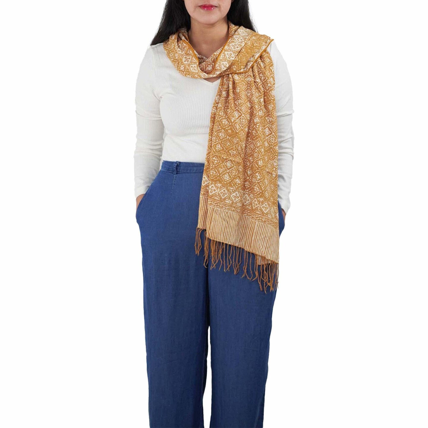 Handmade Batik Scarf, Soft Cotton, Kamboja, Yellow, Brown, Cream