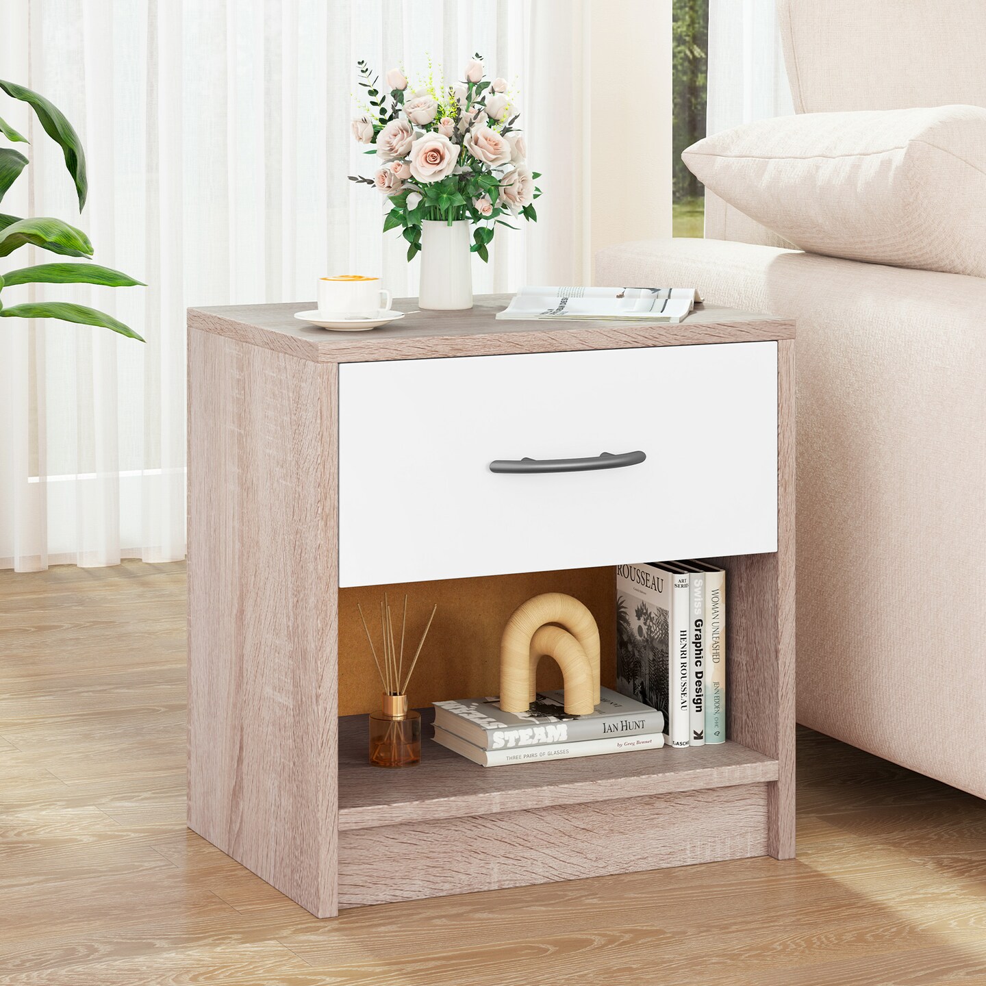 Nightstand with Drawer, Open Shelf, Modern Design and Sturdy Structure
