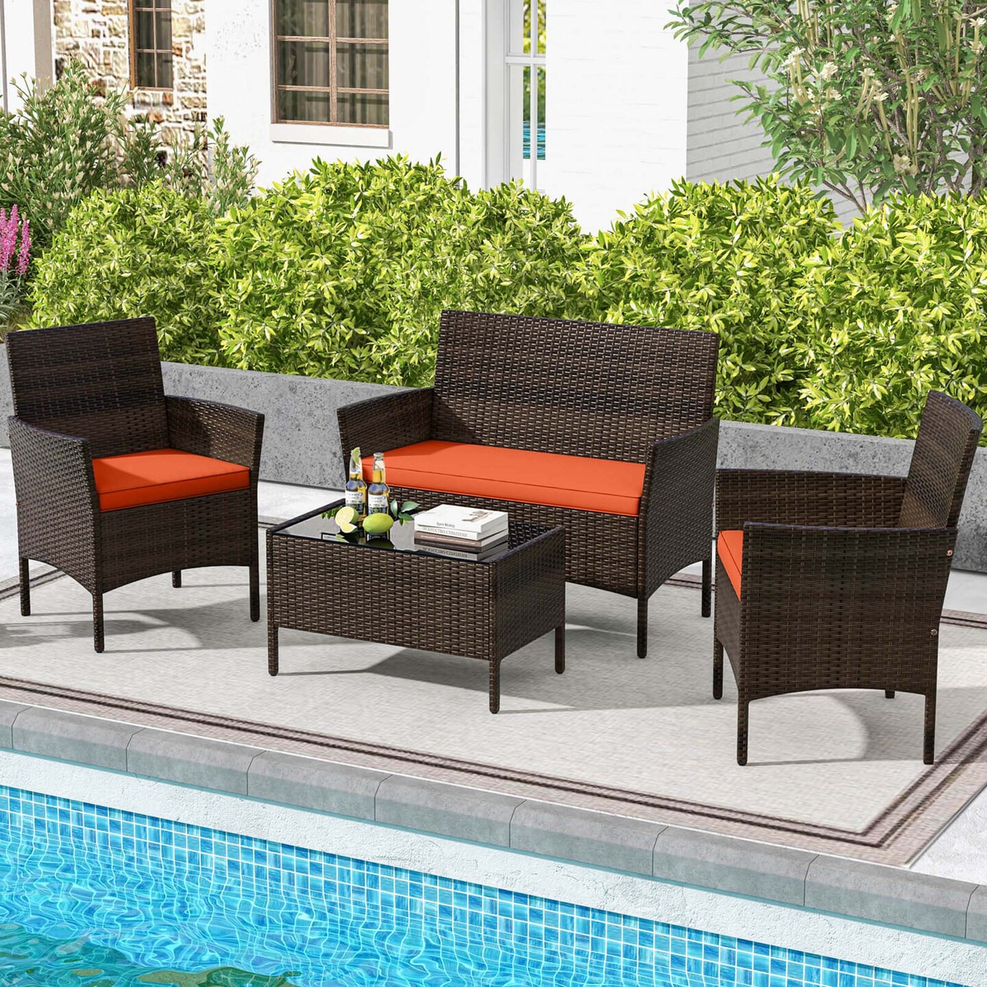 Costway 4 PCS Patio Furniture Set with Washable Cushions and Tempered Glass Coffee Table Beige/Black/Navy/Grey/Turquoise/Red/Blue/Orange