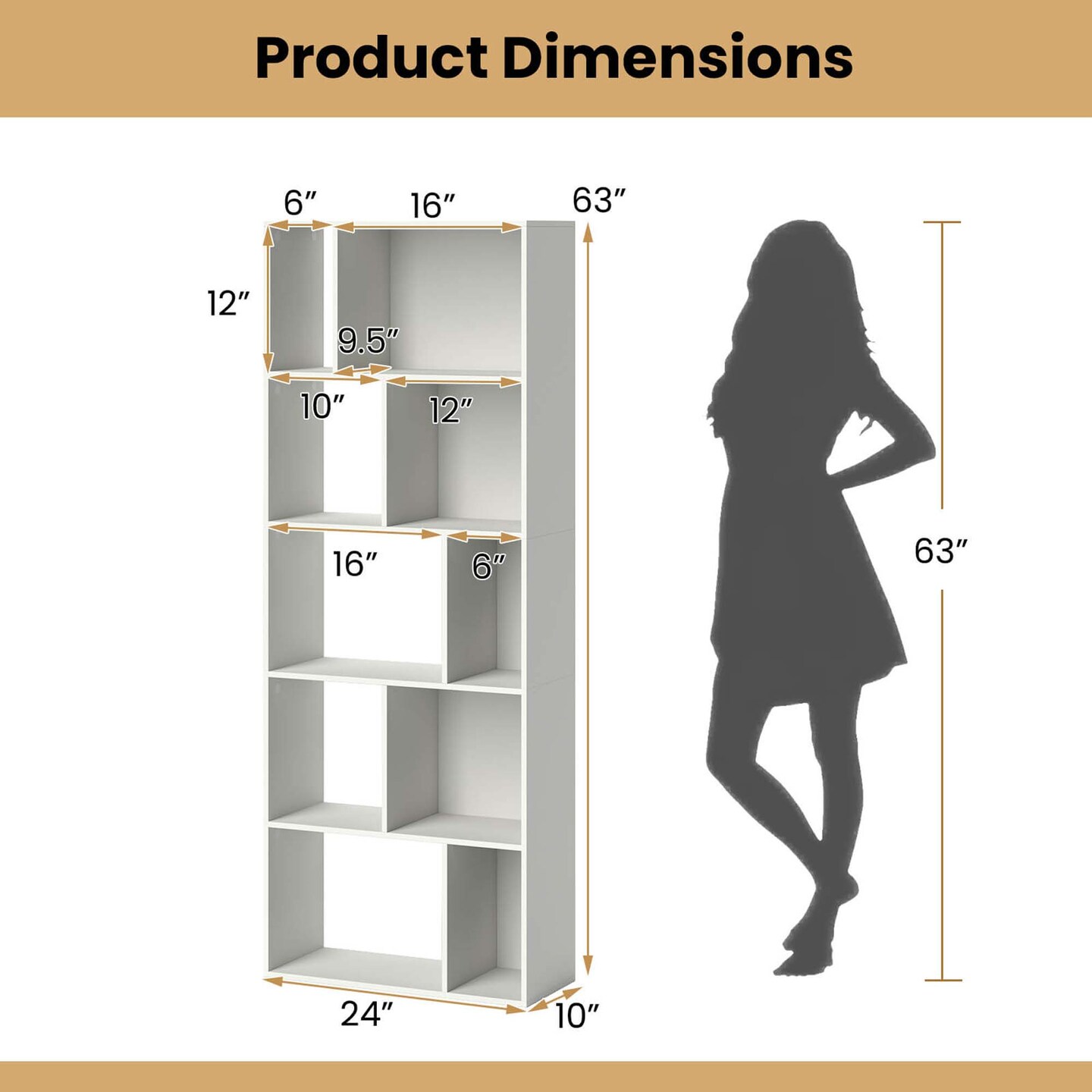 Costway 1/2 PCS 63" Tall Floor Standing Open Bookshelf with 10 Cubbies 5 Back Anti-falling Panels
