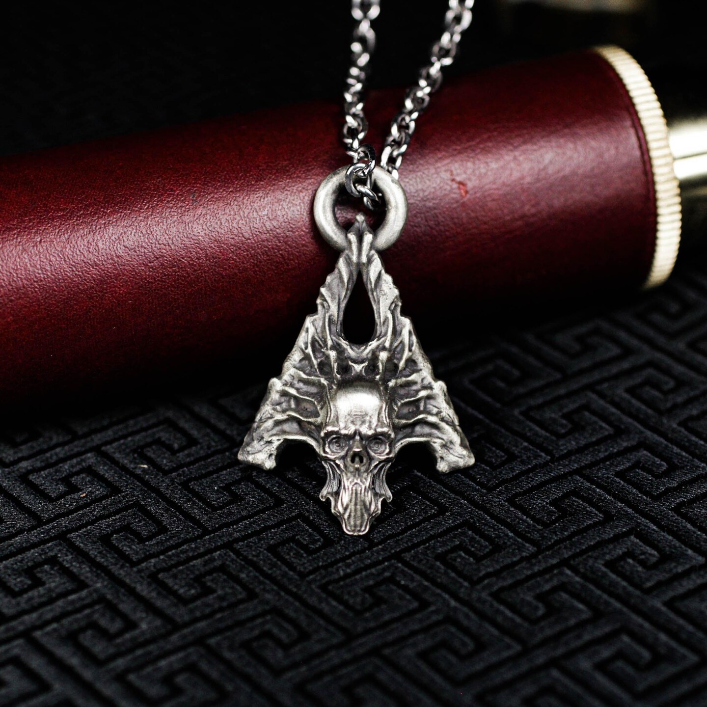 Skull Flame Triangle Pendant  C 925 Silver Handmade Gothic Amulet