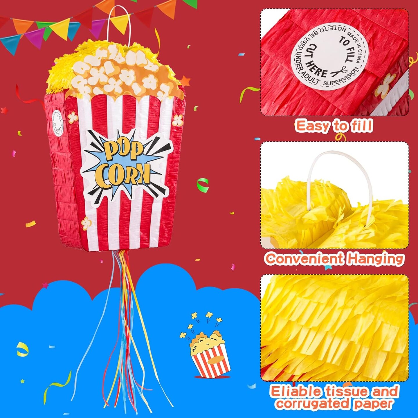 Popcorn Pi&#xF1;ata Large Circus Pi&#xF1;ata for Birthday Carnival Circus Themed Parties Great Party Addition for Boys Grils Holiday Celebration (16.9&#xD7;11.8&#xD7;3.54in)