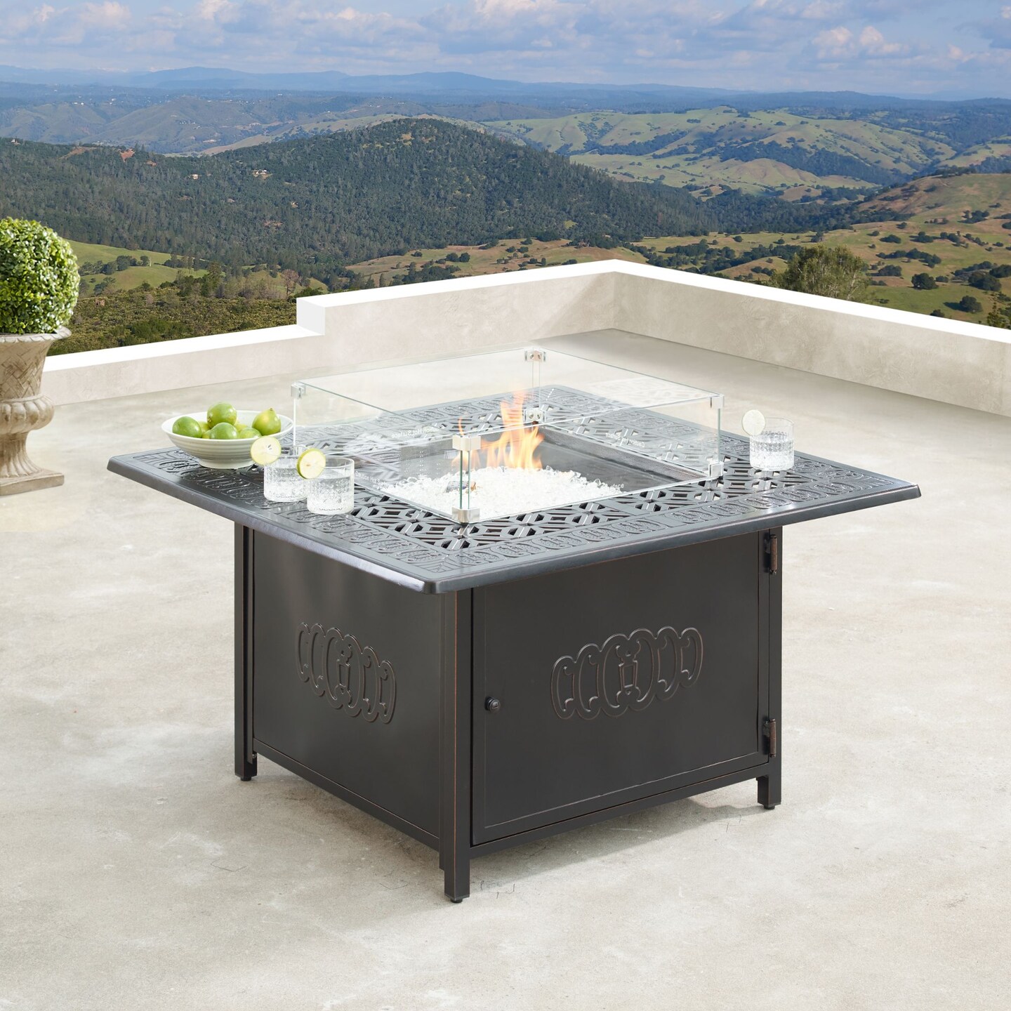 Outdoor Living and Style 42&#x22; Black Square Propane Outdoor Fire Table with Wind Blockers