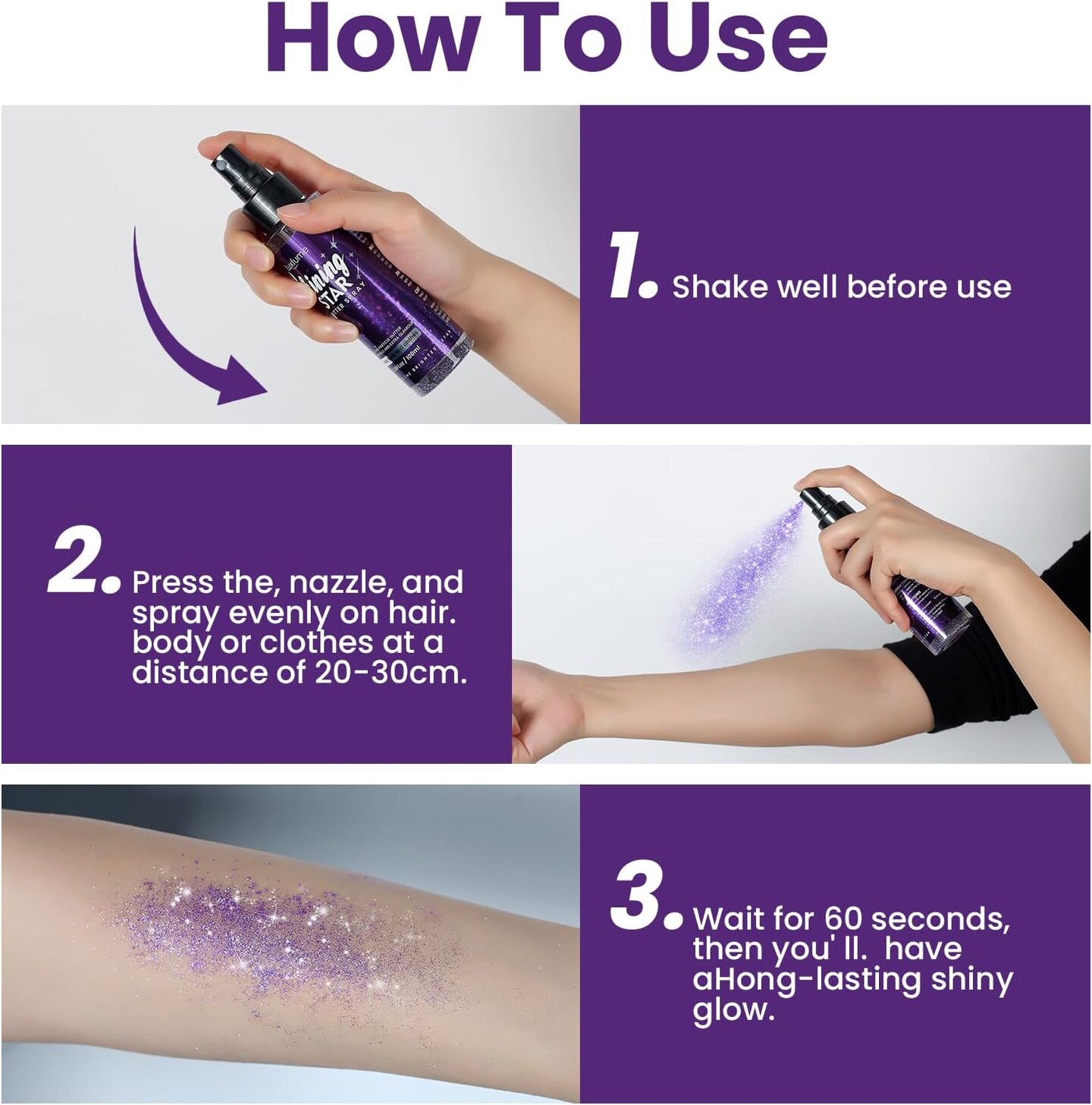 Body Glitter Spray&#xFF0C;Glitter Hairspray&#xFF0C;Purple Body Glitter Spray,Quick-Drying and Waterproof Glitter Hairspray,Nozzles are not Easily clogged&#xFF0C;Long-Lasting Body Shiny Spray for Stage Makeup, 3.38Oz