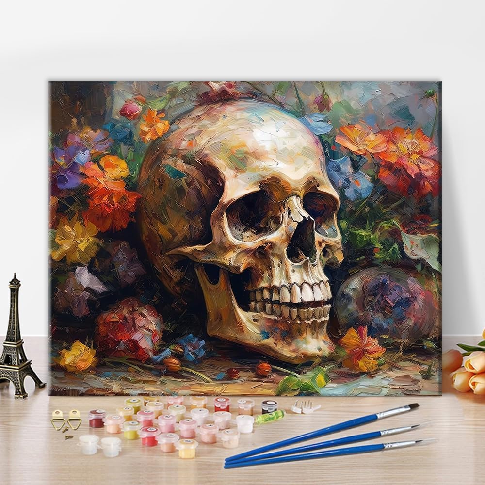 Skull Paint by Numbers Skull Surrounded with Flowers Paint by Number Kits Canvas DIY Oil Painting for Adults Beginners, Paint by Number Adult Paint by Number Kits Home Decor, 16 x20 Inch