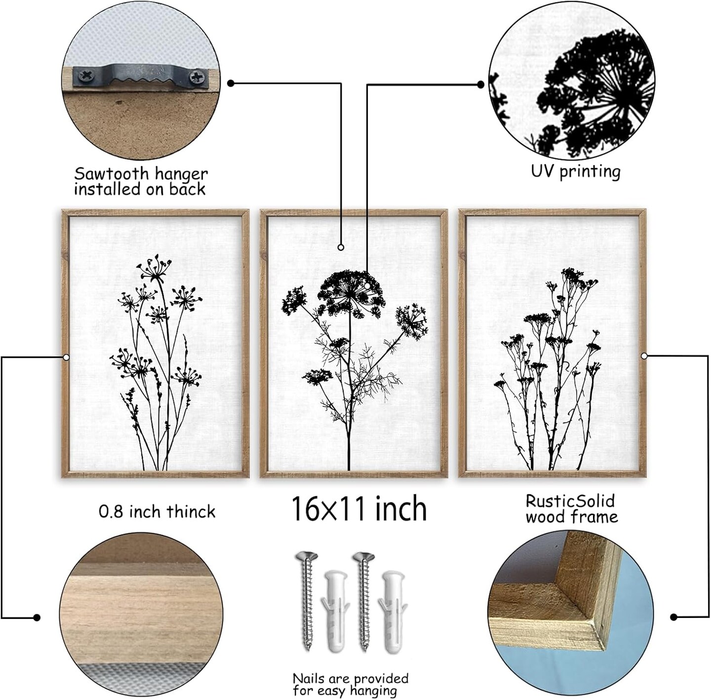 Summer Flower Plant Wall Decor 16"x11", Set of 3 Black and White Botanical Paintings, Wood Framed for Minimalist Bedroom, Office, and Rustic Living Room, Abstract Wildflower Hanging Sign (Wood White)