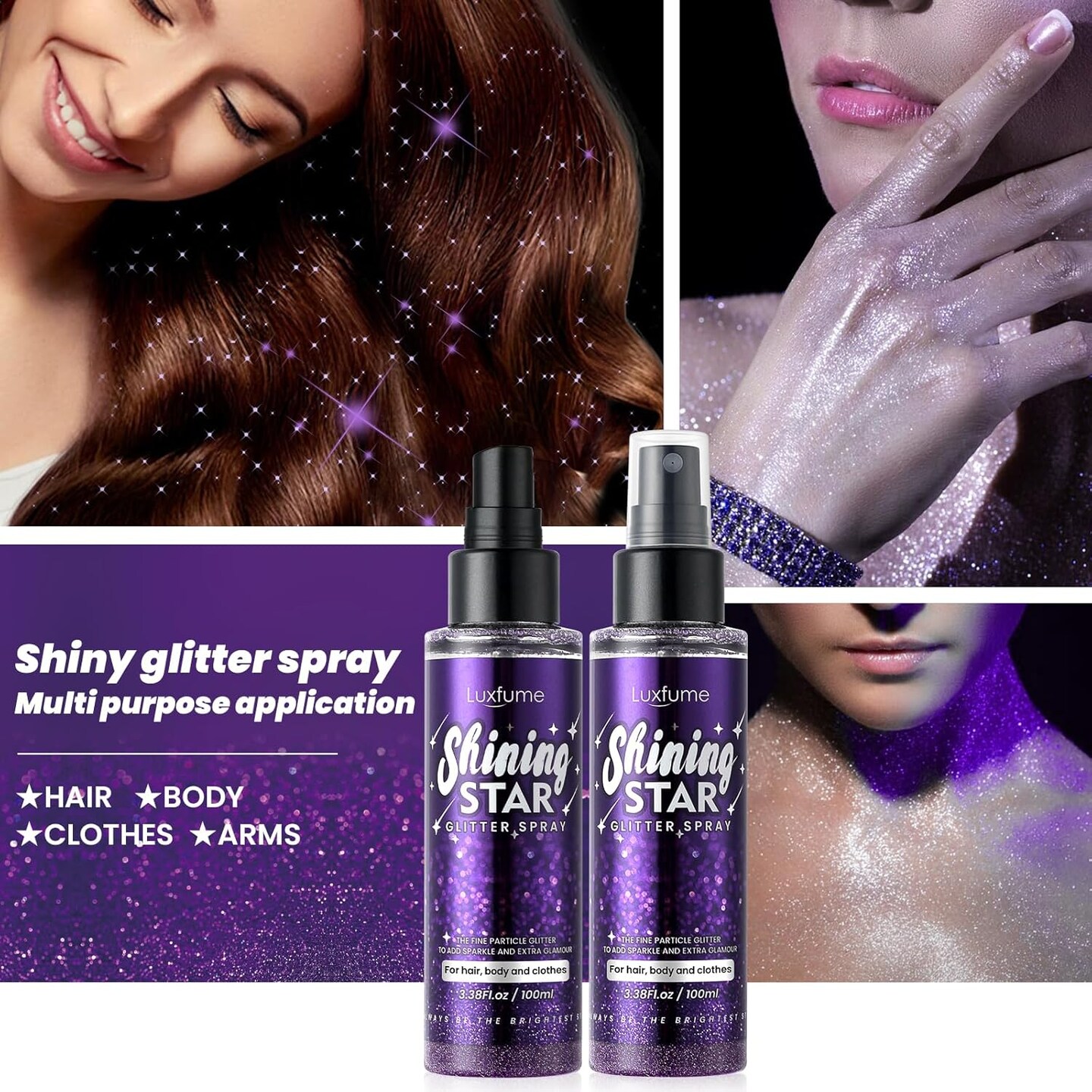 Body Glitter Spray&#xFF0C;Glitter Hairspray&#xFF0C;Purple Body Glitter Spray,Quick-Drying and Waterproof Glitter Hairspray,Nozzles are not Easily clogged&#xFF0C;Long-Lasting Body Shiny Spray for Stage Makeup, 3.38Oz