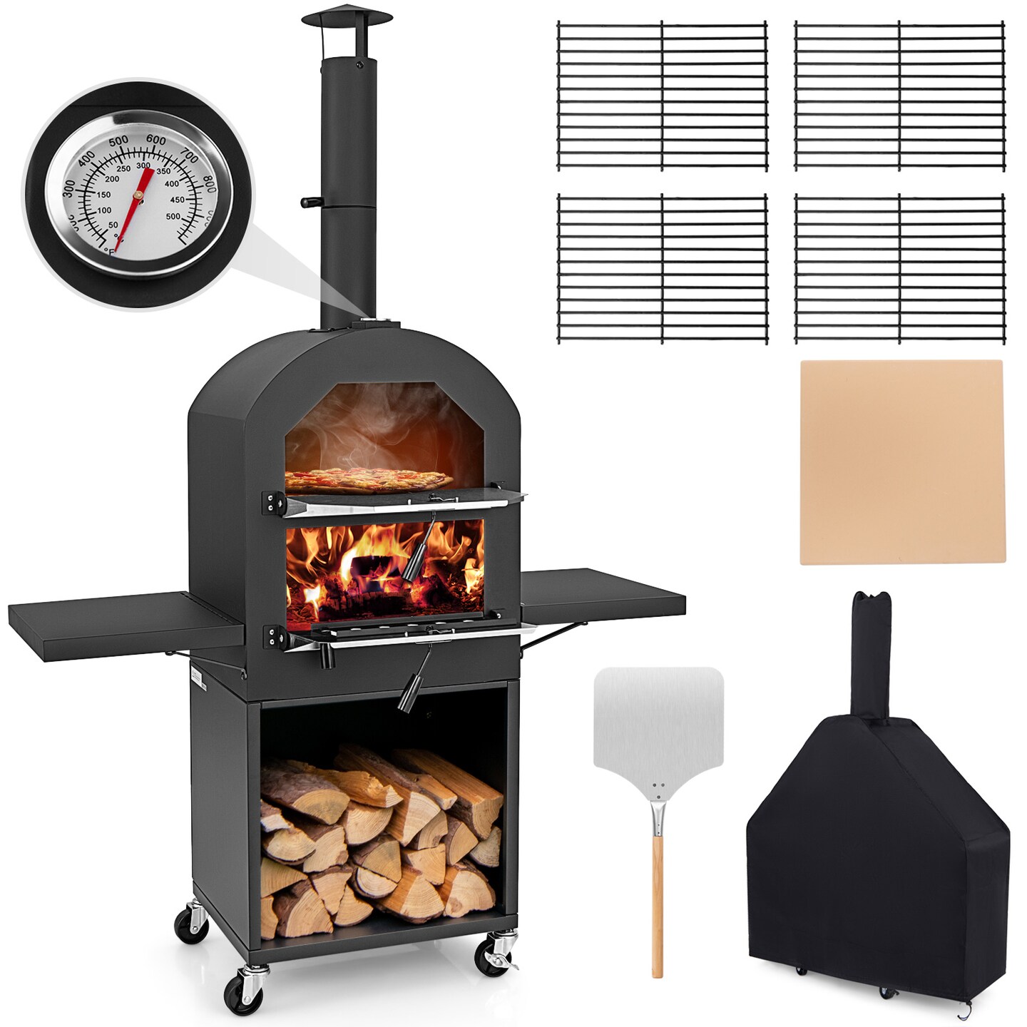 Outdoor Wood-Fired Pizza Oven with Wheels, Thermometer & Accessories