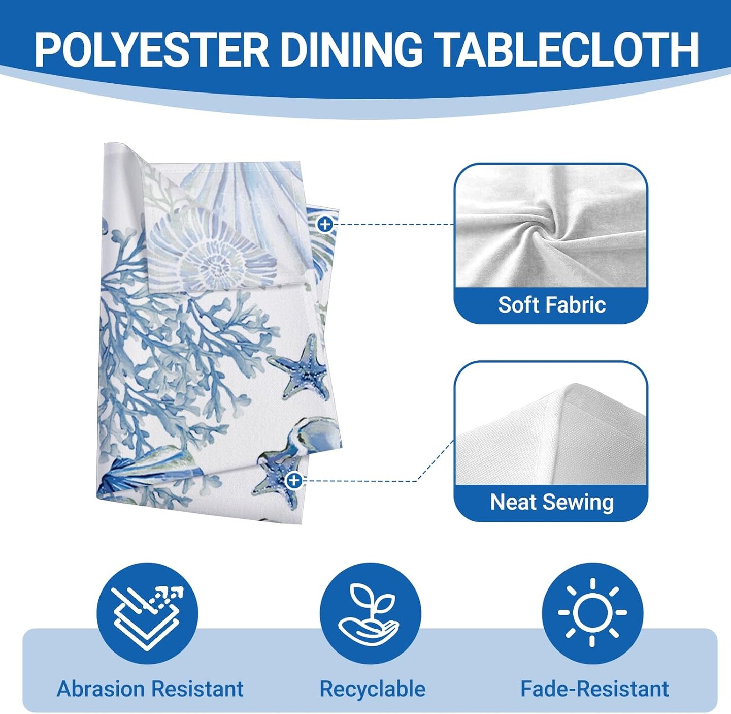 Blue Beach Tablecloth 60 x 84 Inches &#x2013; Coastal Ocean Table Cover with Conch, Coral, Starfish &#x26; Seahorse for Summer Dining, Picnic, or Party Decor