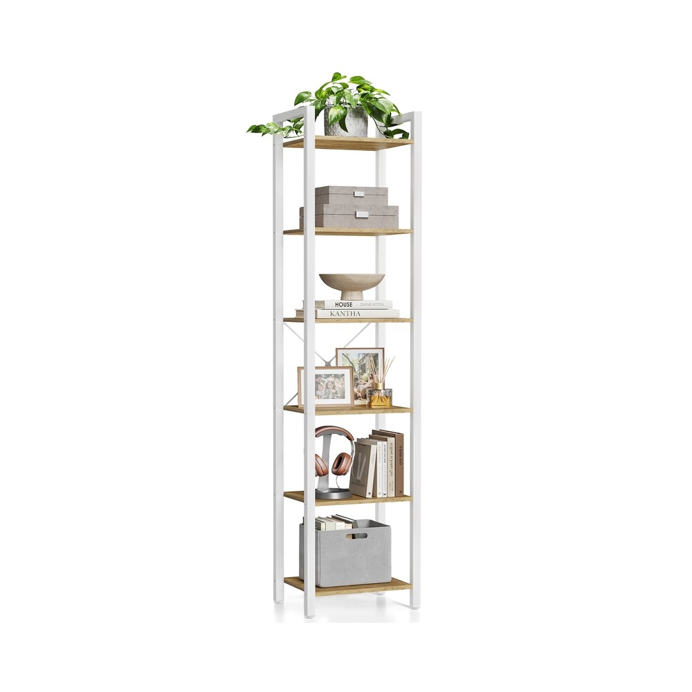 Narrow 6 Tier Bookshelf Tall Bookcase Honey Brown-Cloud White Industrial Style Storage Shelf Steel Frame Space Saving Living Room Bedroom