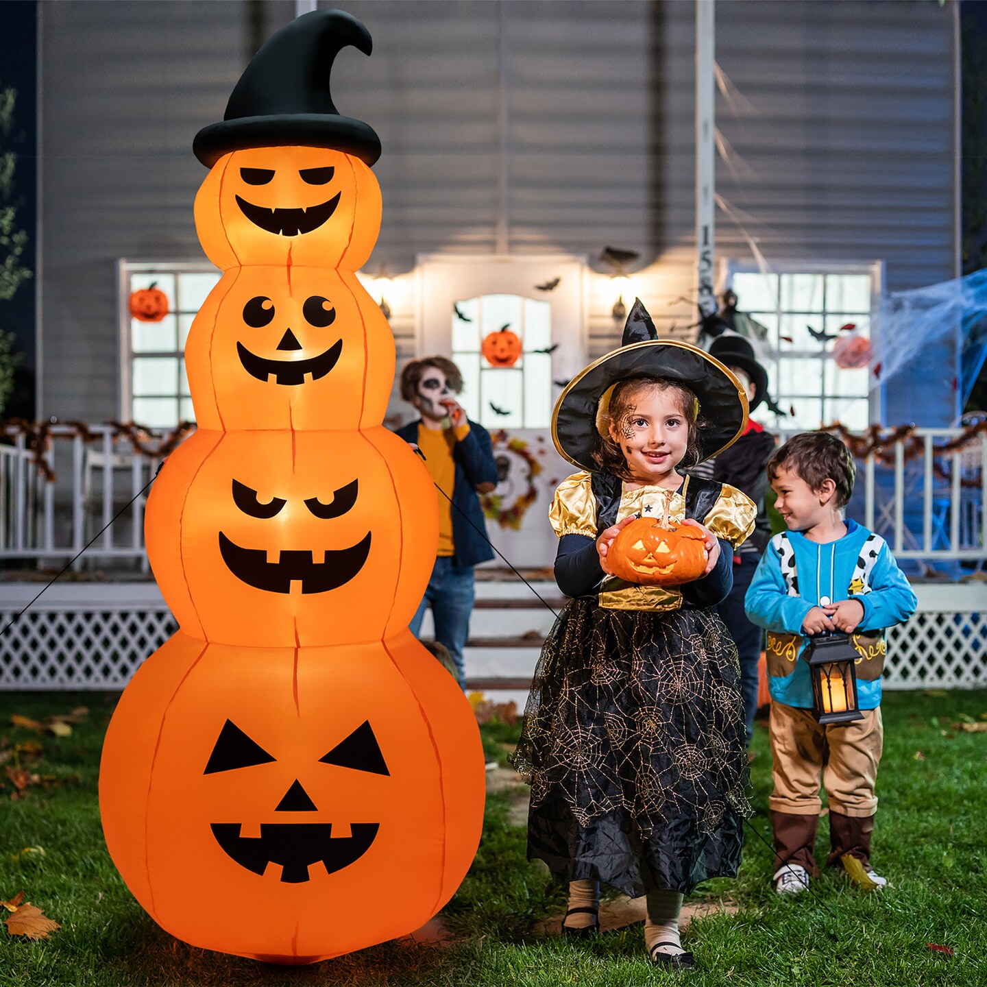 Costway 8FT Halloween Inflatable Stacked Pumpkins Blow-up Holiday Decoration w/ LED Lights