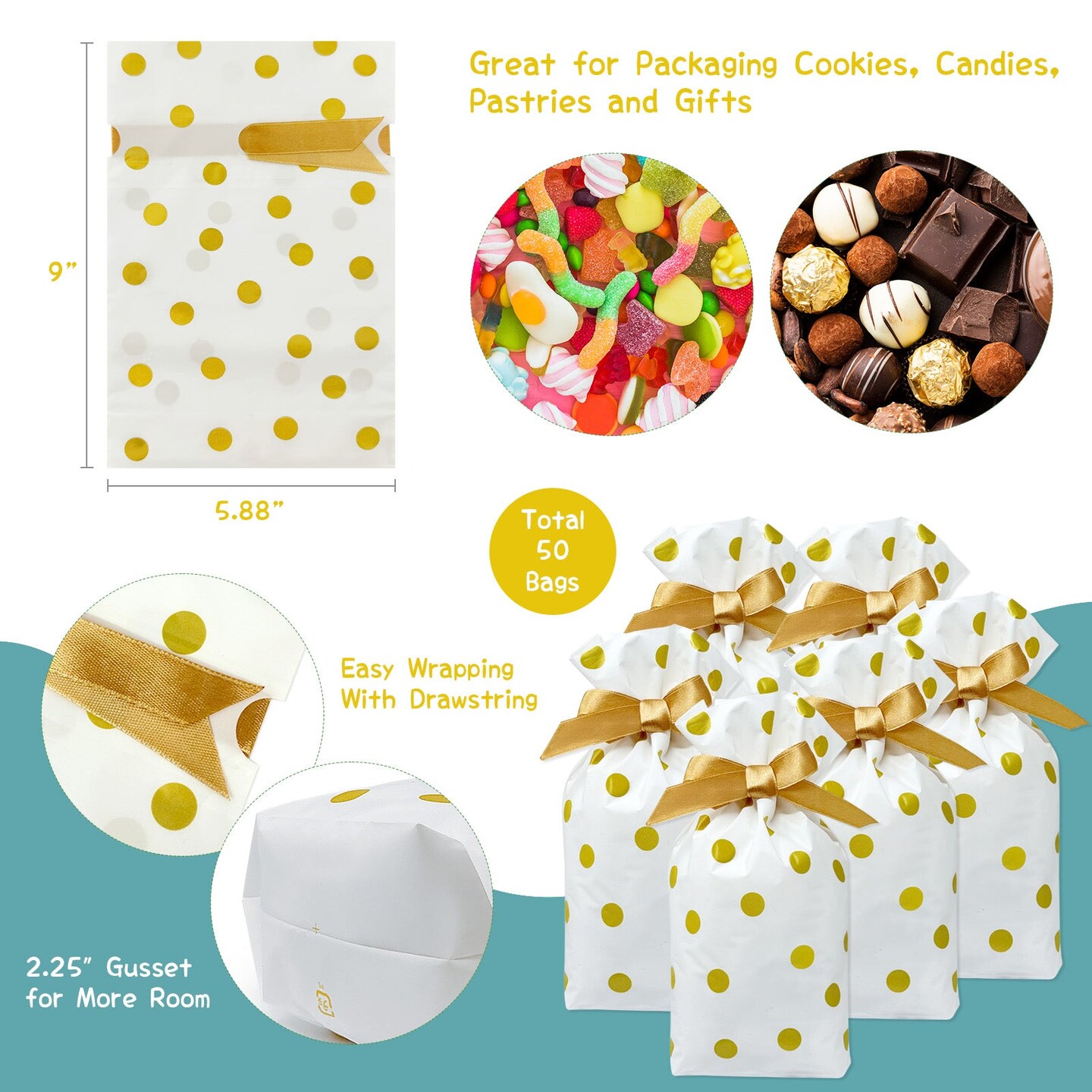 Wrapables Gold Dots Drawstring Treat Bags for Candy, Cookies, Treats, Gifts and Party Favors (50pcs)
