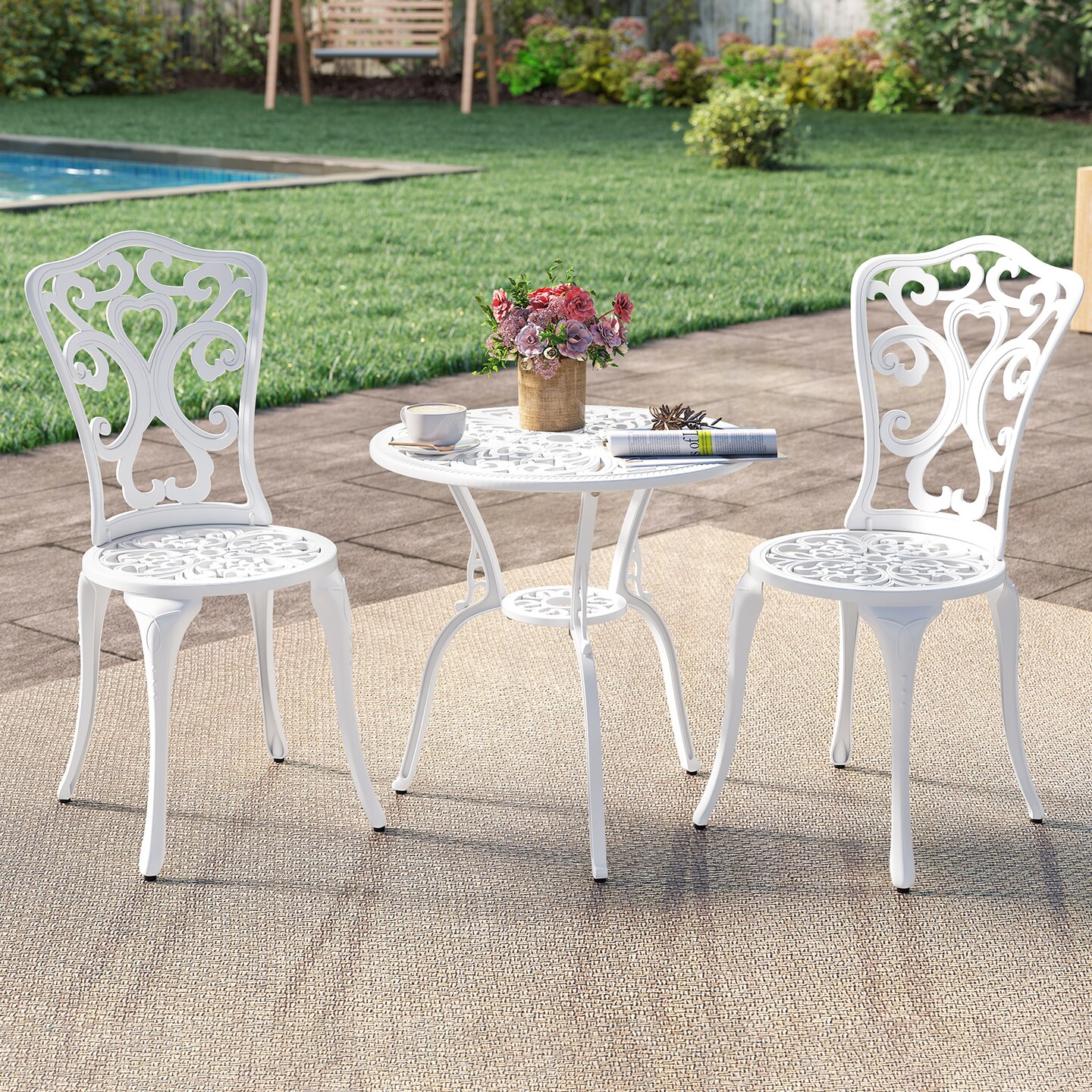 3 Piece All Weather Cast Aluminum Bistro Chairs and Table with Umbrella Holes-White