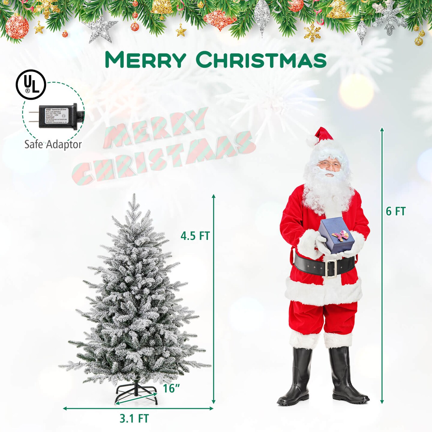 Costway 4.5/6/7 FT Flocked Christmas Tree with 8 Lighting Modes 160/260/350 Multi-Color LED Lights