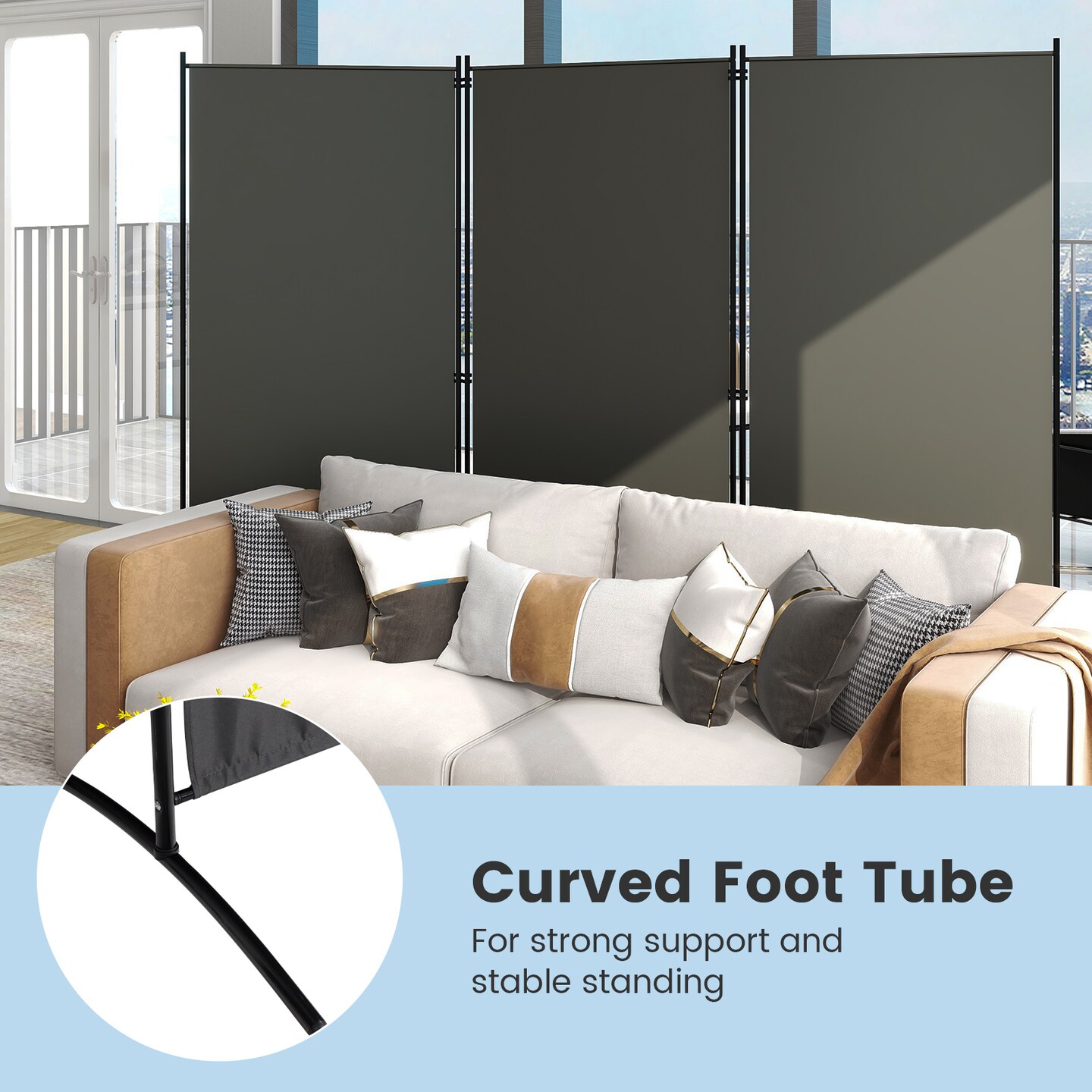 Black 8.5x6 ft Foldable Room Divider Screen with Polyester Fabric and Steel Frame for Privacy and Space Separation