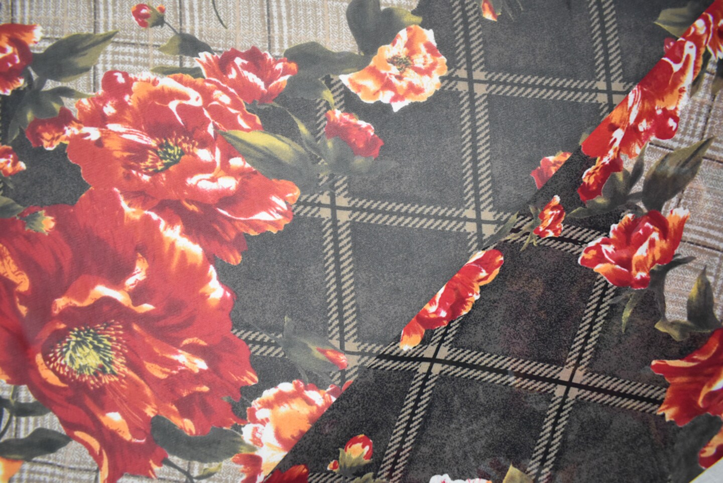 Beige-Red-Multi Poly Plaid Floral Printed Chiffon Woven Fabric By the Yard