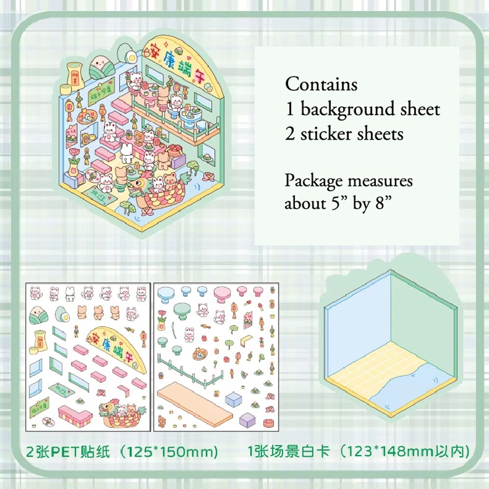 4 Sets Cute Isometric Sticker Landscape Scenes: Party Classroom & Park, Adorabilities