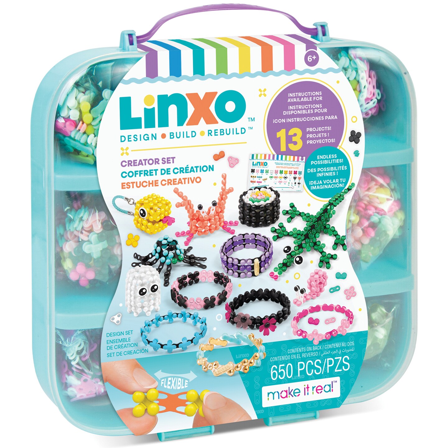 Make It Real: LinXo Creator Set - 650 pcs, DIY 13 Projects, Jewelry &#x26; Collectible Figures, Design-Build-Rebuild, Flexible Pieces, Girls &#x26; Kids Ages 6+