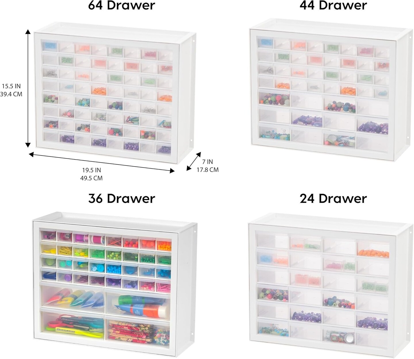 Small Parts Storage Cabinet, Made in USA, 44-Drawer Organizer for Screws, Nuts, Bolts, Electronics, Hardware, Beads, Crafts, Stackable Garage Storage, Teacher Toolbox, Scrapbook Art – White