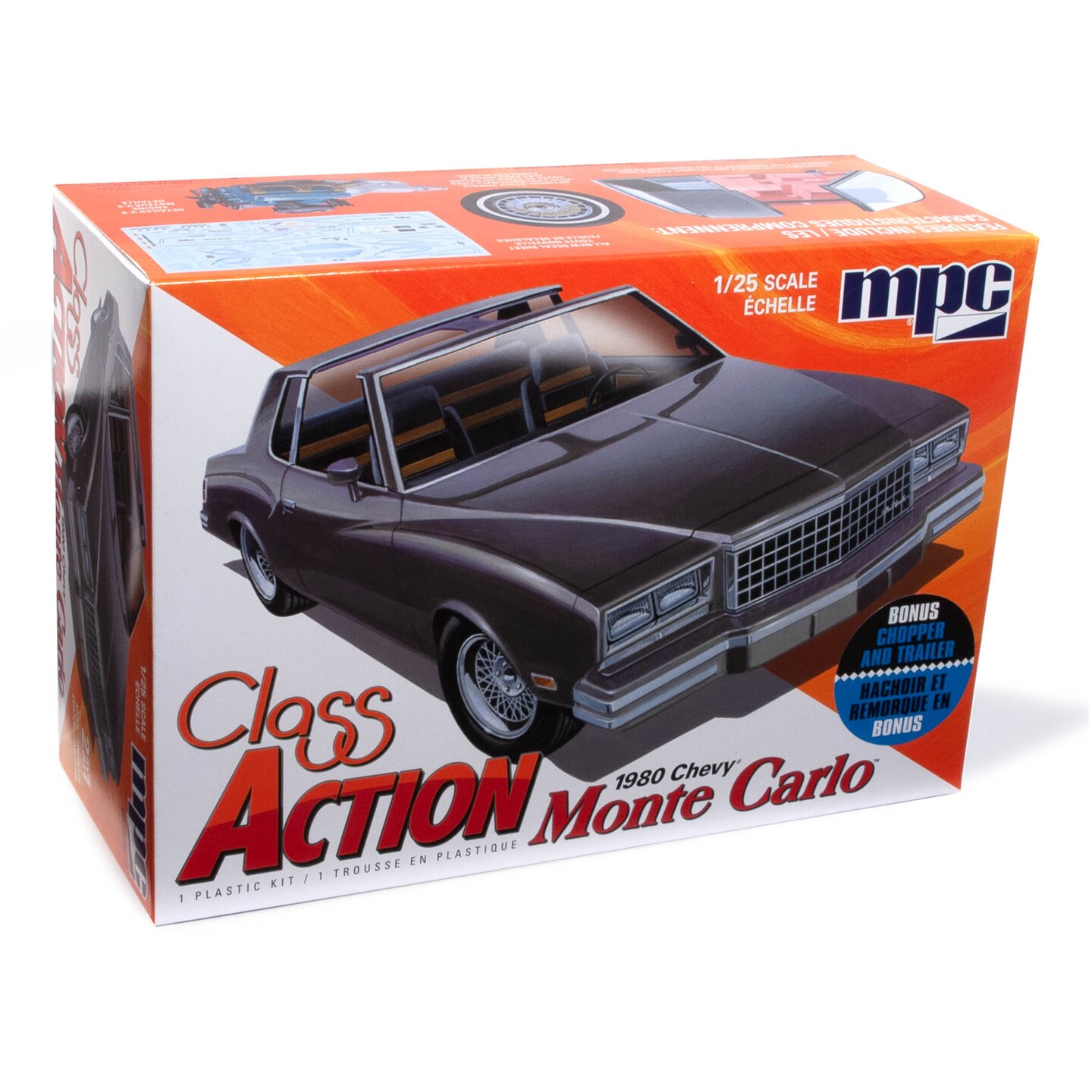 MPC: 1:25 Scale Model Kit - 1980 Chevy Monte Carlo Class Action - 110 Parts, Includes Chopper &#x26; Trailer, Unpainted Replica Classic Car Building Kit