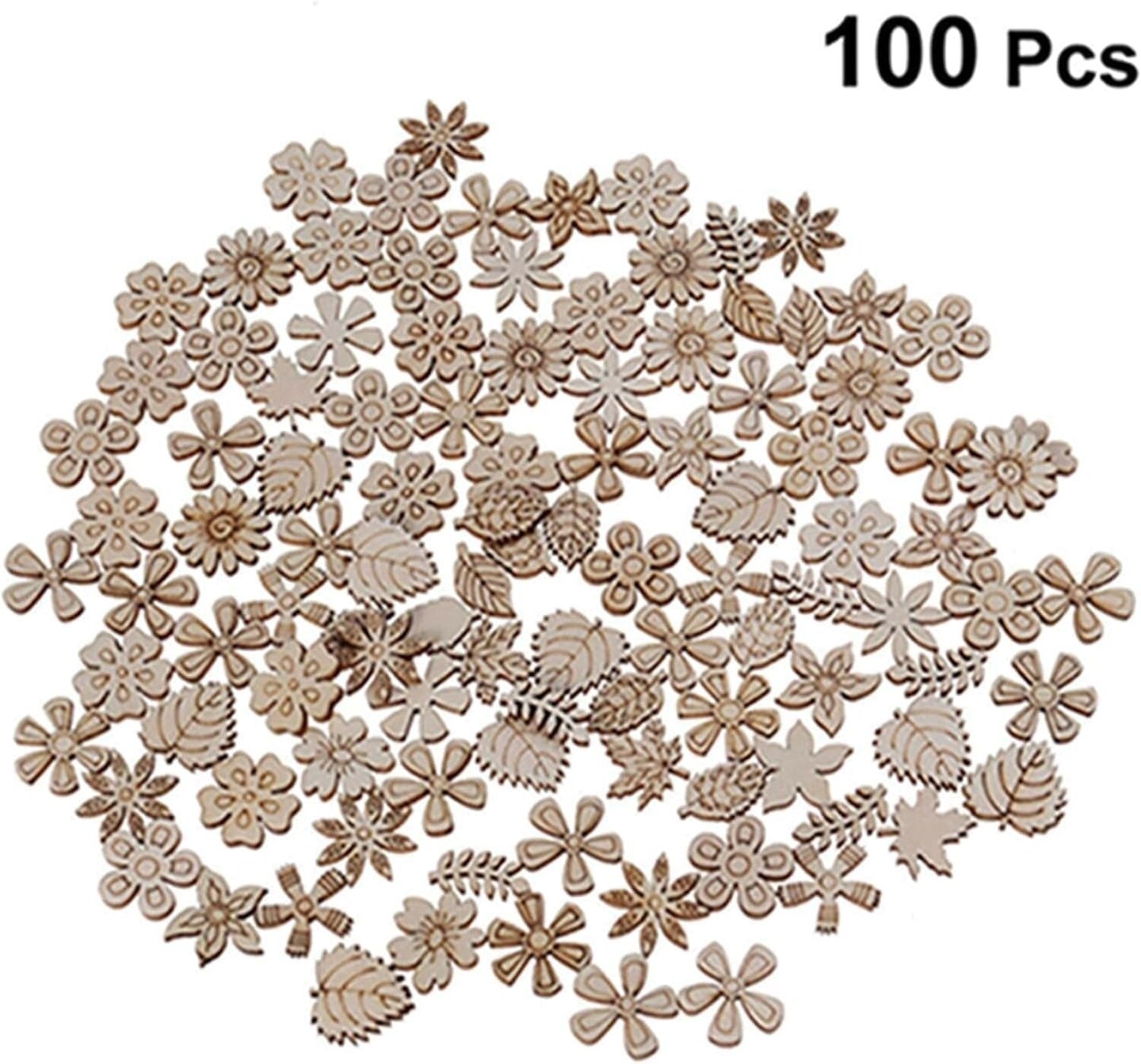 100 Pcs Unfinished Wooden Flower Wood Slice Leaf Pattern Cutouts