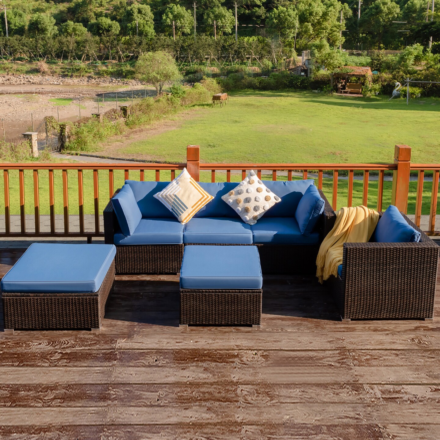 Costway 6PCS Patio Rattan Sectional   Furniture Set Sofa Coffee Table Ottoman Navy