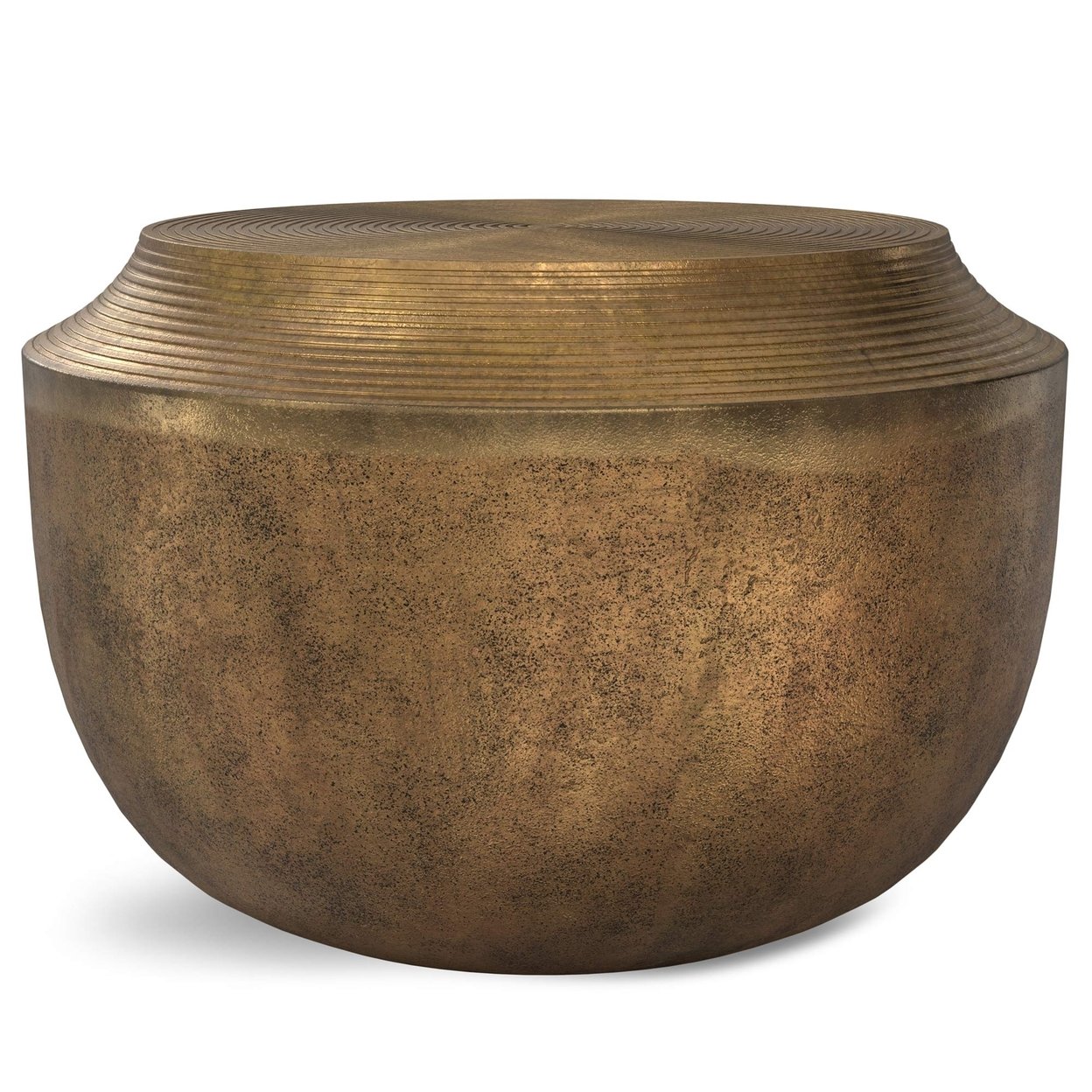 Timmons Coffee Table Antique Brass Metal Drum Shape Handcrafted Living Room Decor
