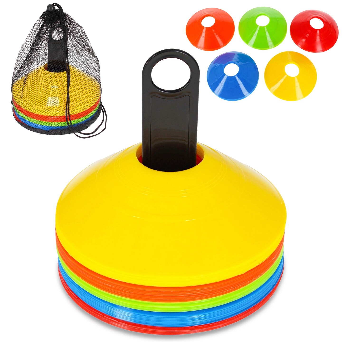 Soccer Agility Training Marker Cones Set - 50 Pack Color Agility Cones with Stand and Carrying Bag - For Sports Training, Football, Basketball, Coaching, Practice Equipment