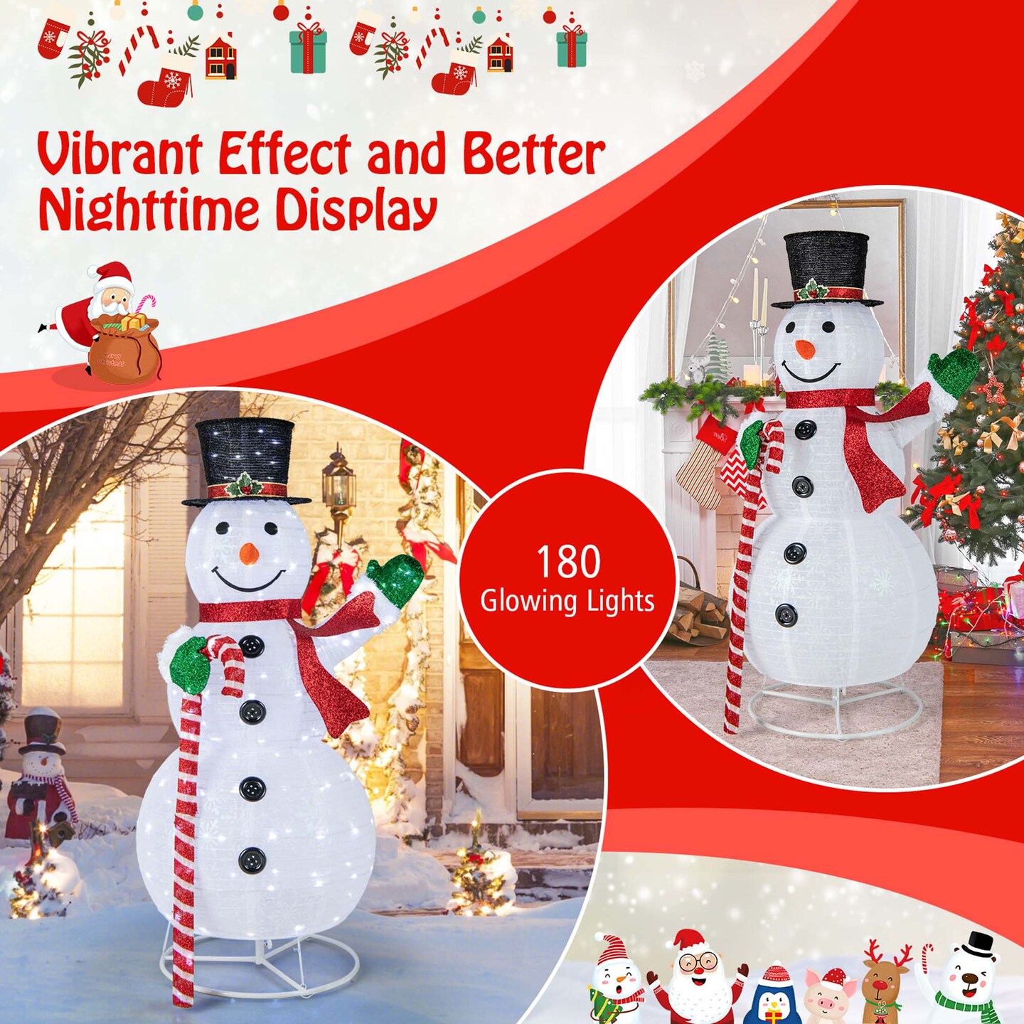 Costway 5 FT Pre-lit Christmas Snowman Pop-up Xmas Holiday Decoration with 180 LED Lights