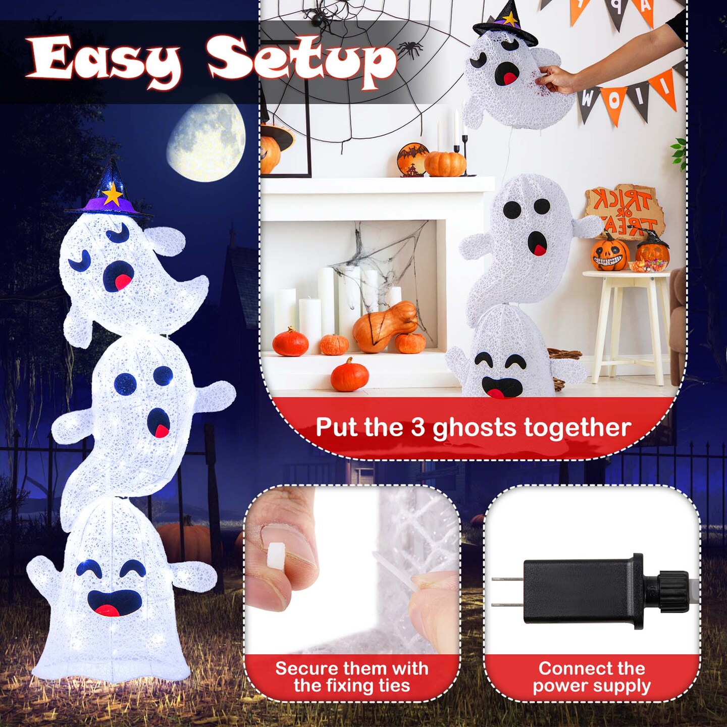 Costway 4 FT Lighted Stacked Ghosts Standing Halloween Decoration with 120 LED Lights and 4 Metal Ground Stakes