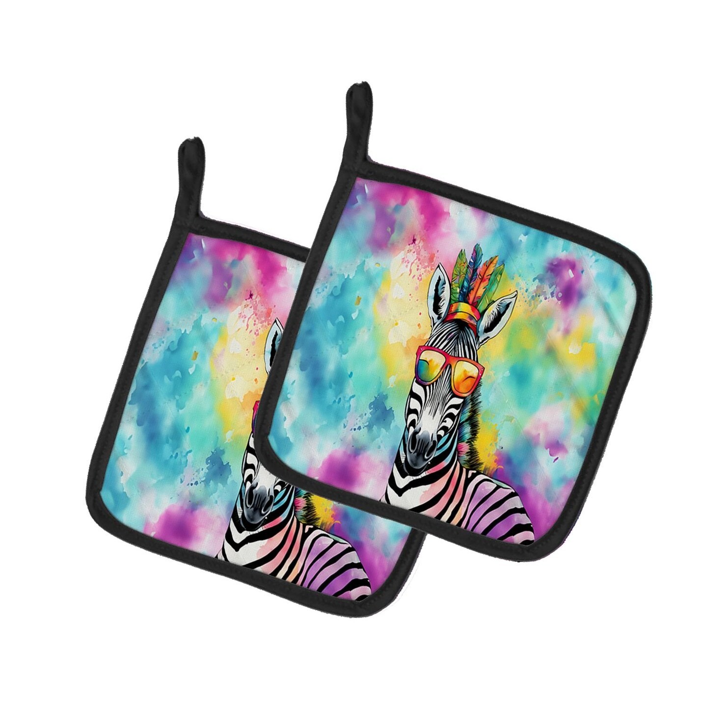 Edge Collections - 7.5&#x22; x 7.5&#x22; - Multicolor - NEW Hippie Animal Zebra Pot Holders - 1 Pair