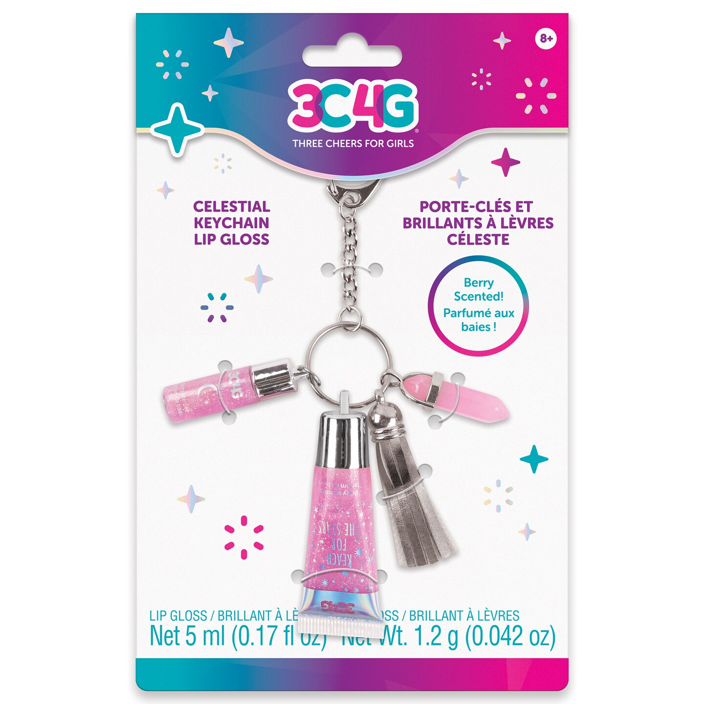 3C4G: Celestial Keychain Lip Gloss - Keychain W/ 2 Pink Tinted Berry Scented Glosses, Teens Tweens &#x26; Girls, Make It Real, Attached Tassel &#x26; Crystal, Three Cheers For Girls, Attach To Your Backpack, Tote Or Handbag, Kids Ages 8+