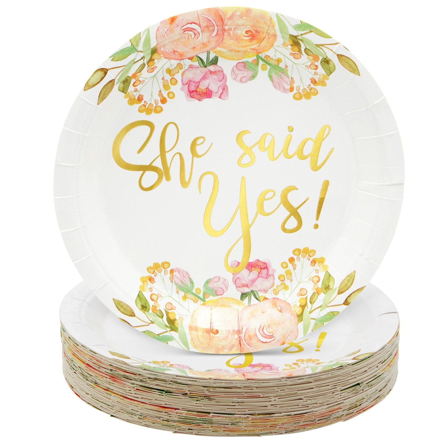 48-Pack Gold Foil She Said Yes Plates for Engagement Party, Bridal Shower Decorations, Disposable Bachelorette Supplies, Wedding Celebration, Floral Design (9 in)