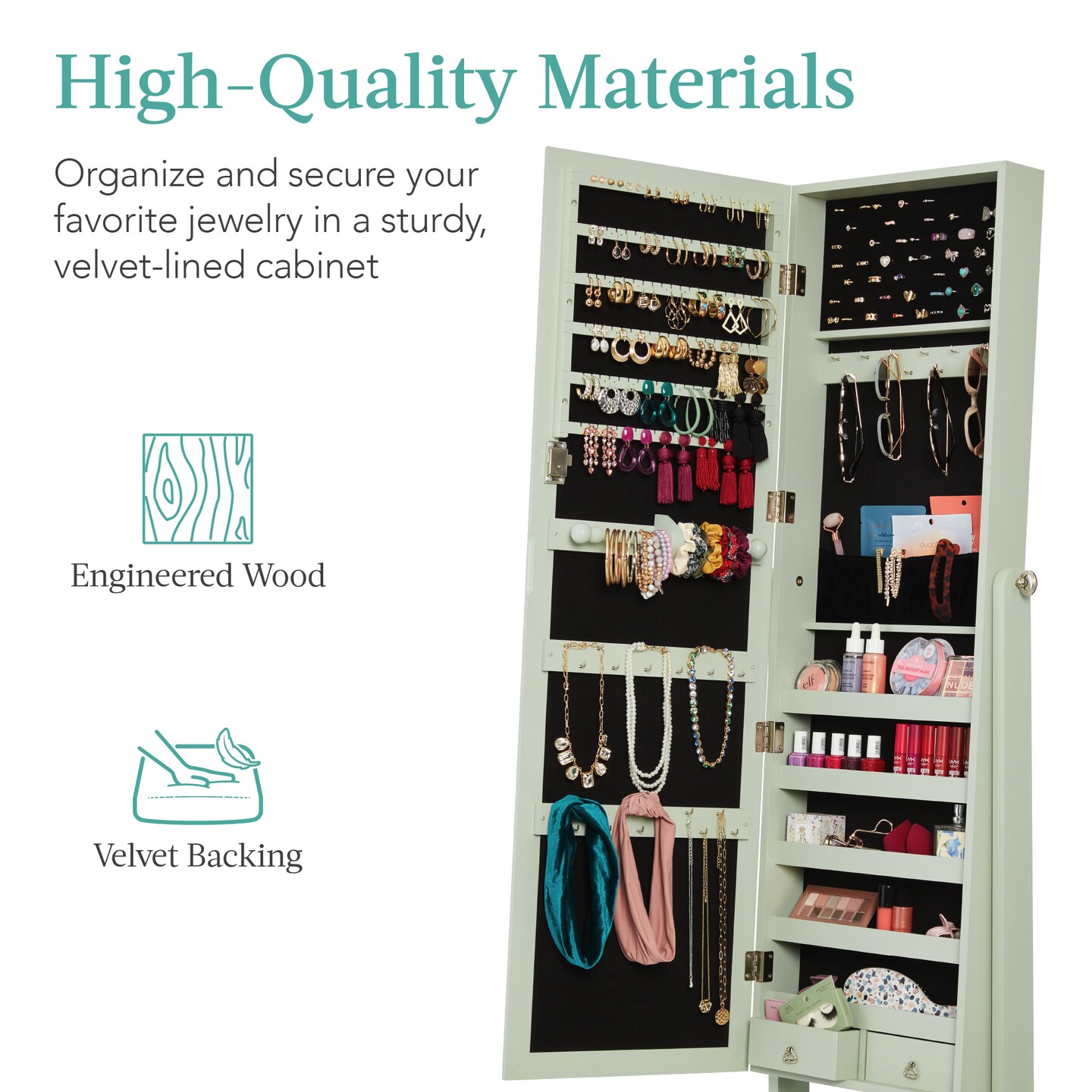 Best Choice Products Jewelry Armoire Cabinet, Full Length Mirror w/ Velvet Storage Interior, Lock