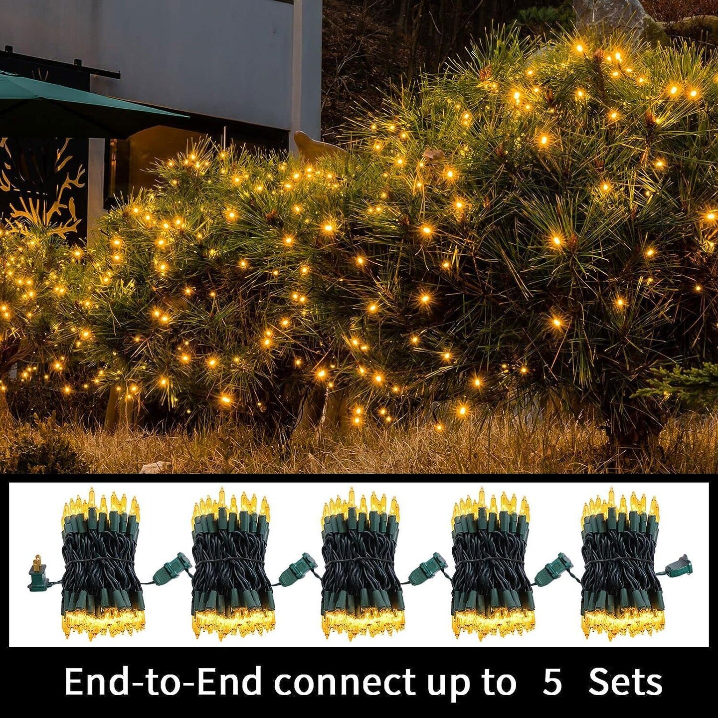 Christmas String Lights, 100 Count Yellow Incandescent Mini Lights with Green Wire, Connectable for Indoor & Outdoor Holiday Decorations (Yellow)