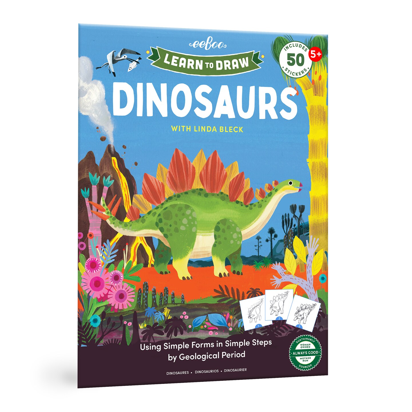 eeBoo: Learn to Draw - Dinosaurs - Drawing Guidebook, 50+ Stickers, Themed Step-By-Step Lessons, Simple Forms In Simple Steps, Kids Ages 5+