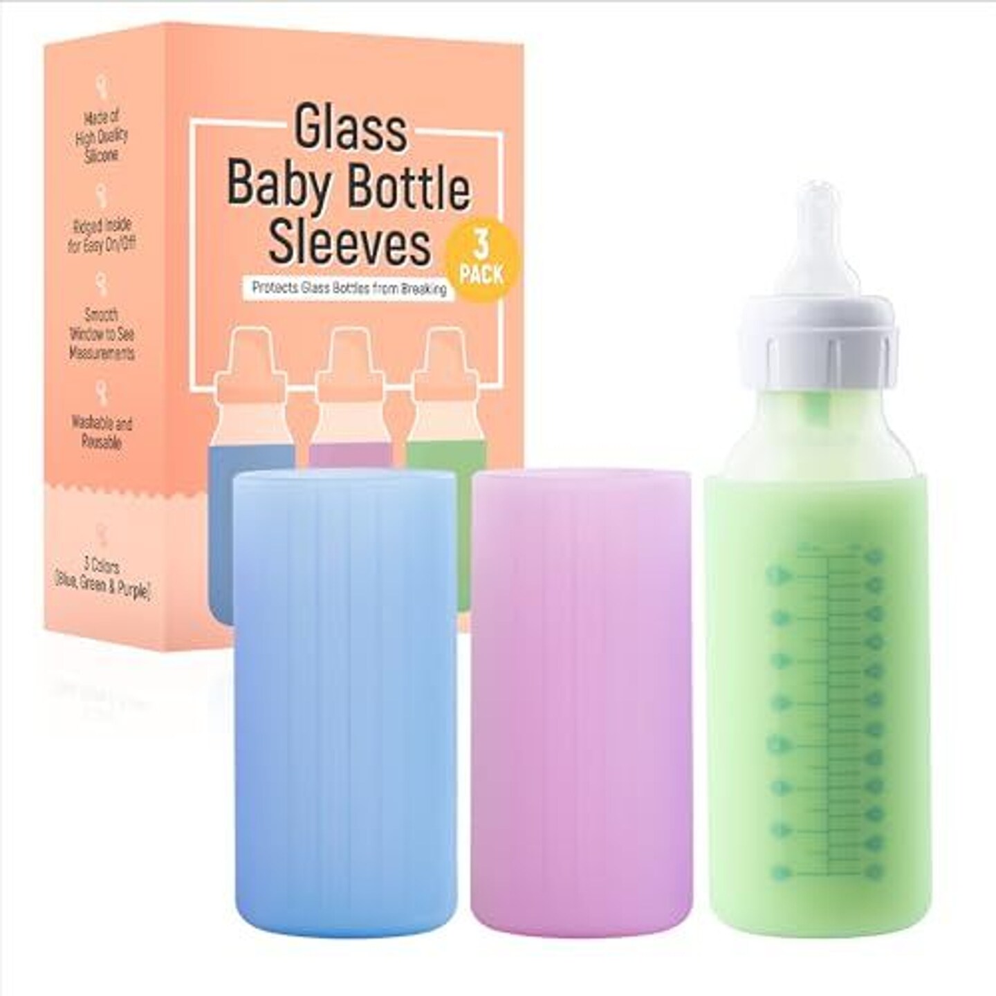Impresa 3 Pack Glass Baby Bottle Sleeves &#x2013; Multicolor - Silicone Bottle Covers for Narrow Dr Brown Glass Bottles 8 oz - Includes Measurements