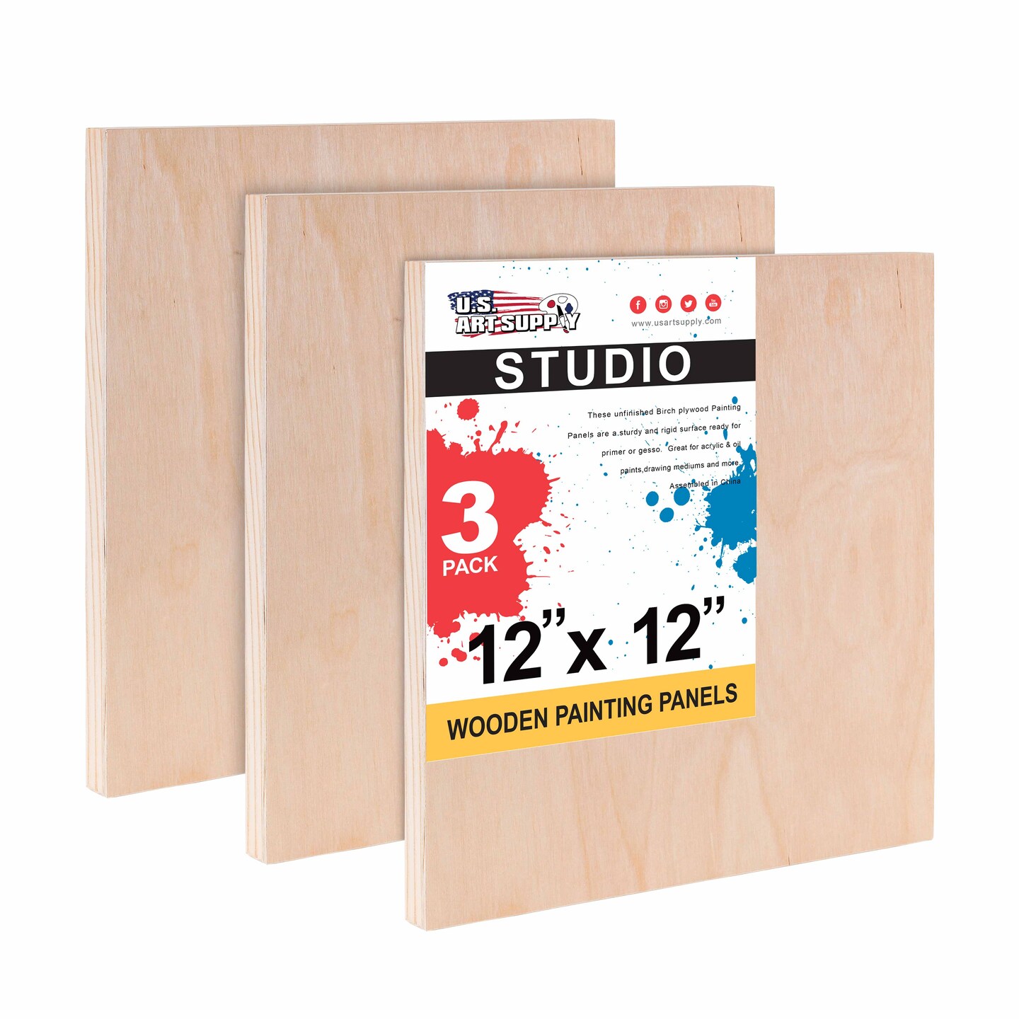 12&#x22; x 12&#x22; Birch Wood Paint Pouring Panel Boards, Studio 3/4&#x22; Deep Cradle (Pack of 3) - Artist Wooden Wall Canvases - Painting Mixed-Media, Acrylic