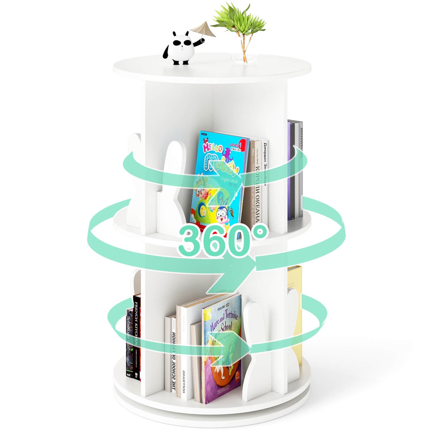 Costway Kids Rotating Bookshelf 2 Tier Freestanding 360° Revolving Display Storage Rack White/Pink