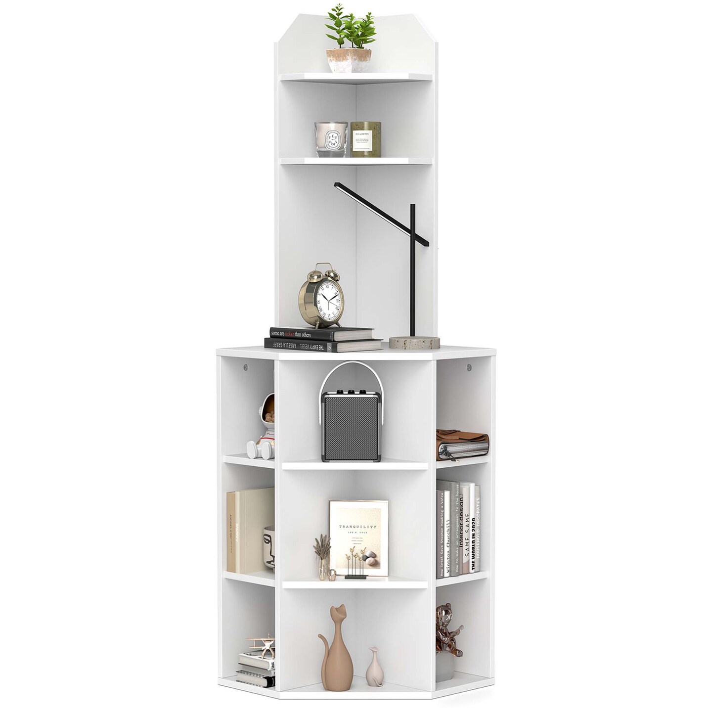 Costway 6-Tier Corner Shelf 63" Tall Corner Bookshelf with 2 USB Ports & Charging Station Brown/White