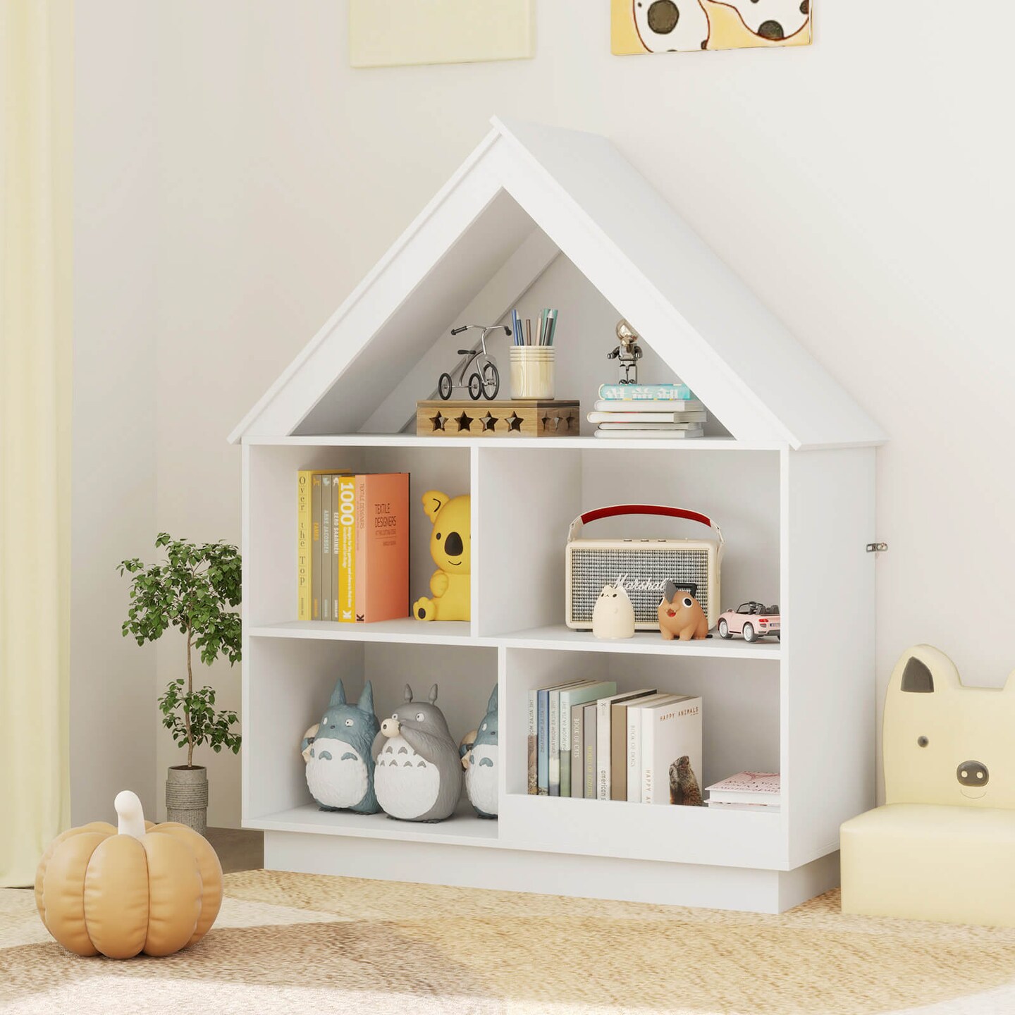 Costway Wooden Kids Dollhouse Bookshelf with Open Shelves Anti-toppling System Bookcase White/Brown